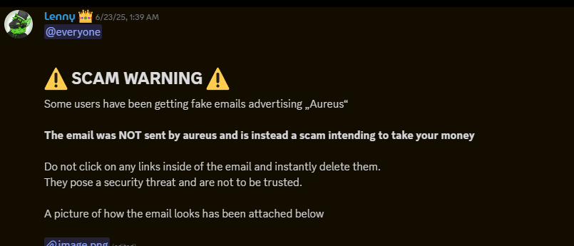 Discord announcement from the owner, 23 June 2025, warning users about a fake Aureus email