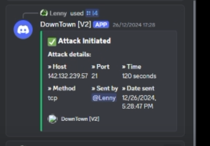 DownTown bot attack log, 26 December 2024, sent by the owner's account