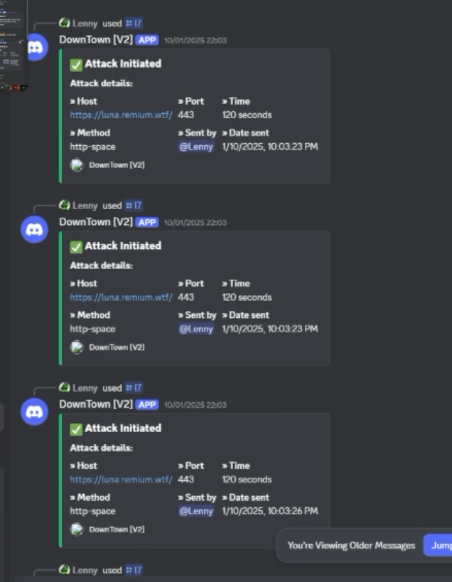 DownTown bot attack logs, 1 October 2025, sent by the owner's account against luna.remium.wtf