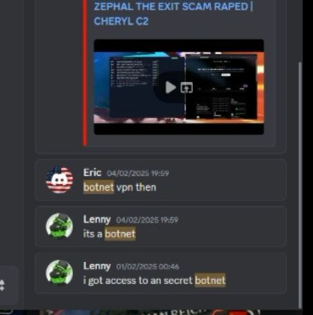 Discord messages from the owner's account, 4 February 2025, mentioning a botnet