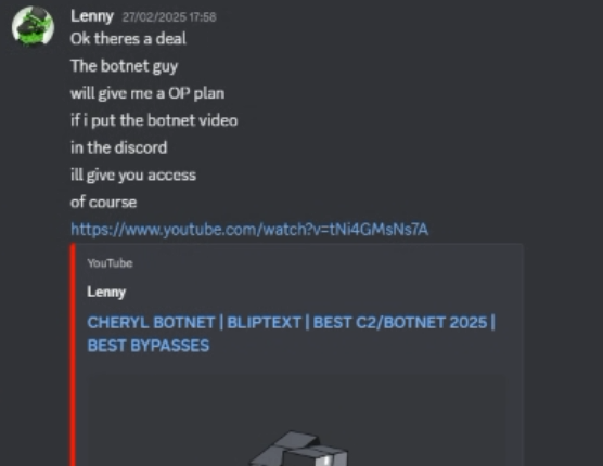 Discord messages from the owner, 27 February 2025, offering access in return for posting a botnet video