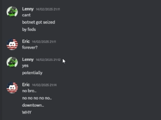 Discord messages, 14 February 2025, about a botnet being seized and whether it would return