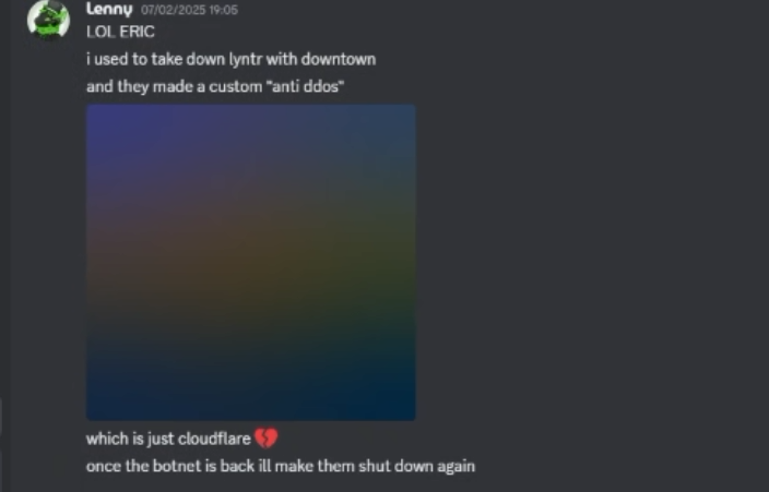 Discord messages from the owner's account, 7 February 2025, about the DownTown bot and takedowns